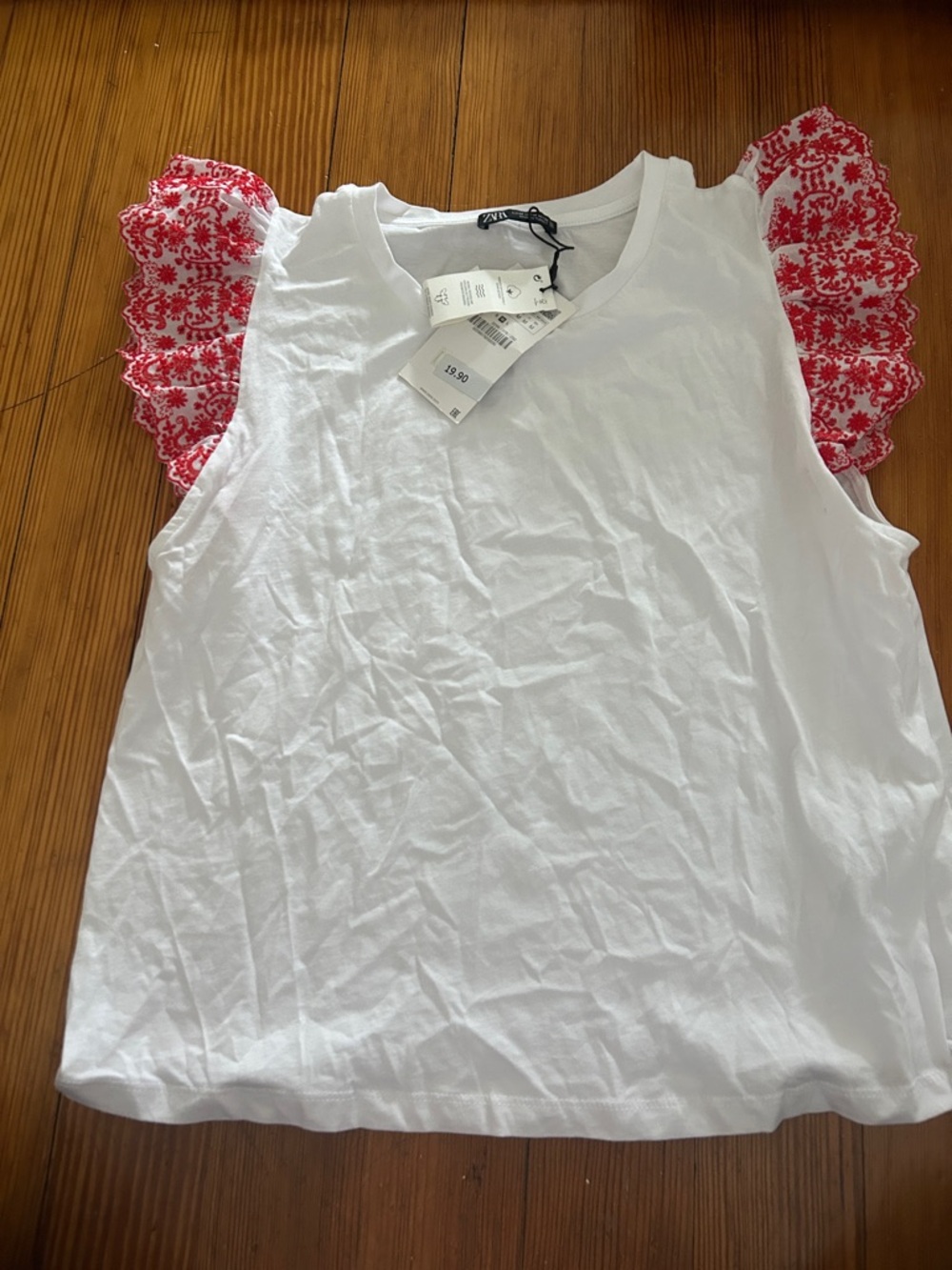 Zara NWT White Sleeveless Top with Red Lace Flutter Sleeves